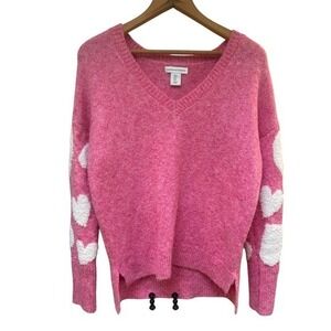 Cupcakes and Cashmere Pink V-Neck Fuzzy Heart Sweater Womens Size S